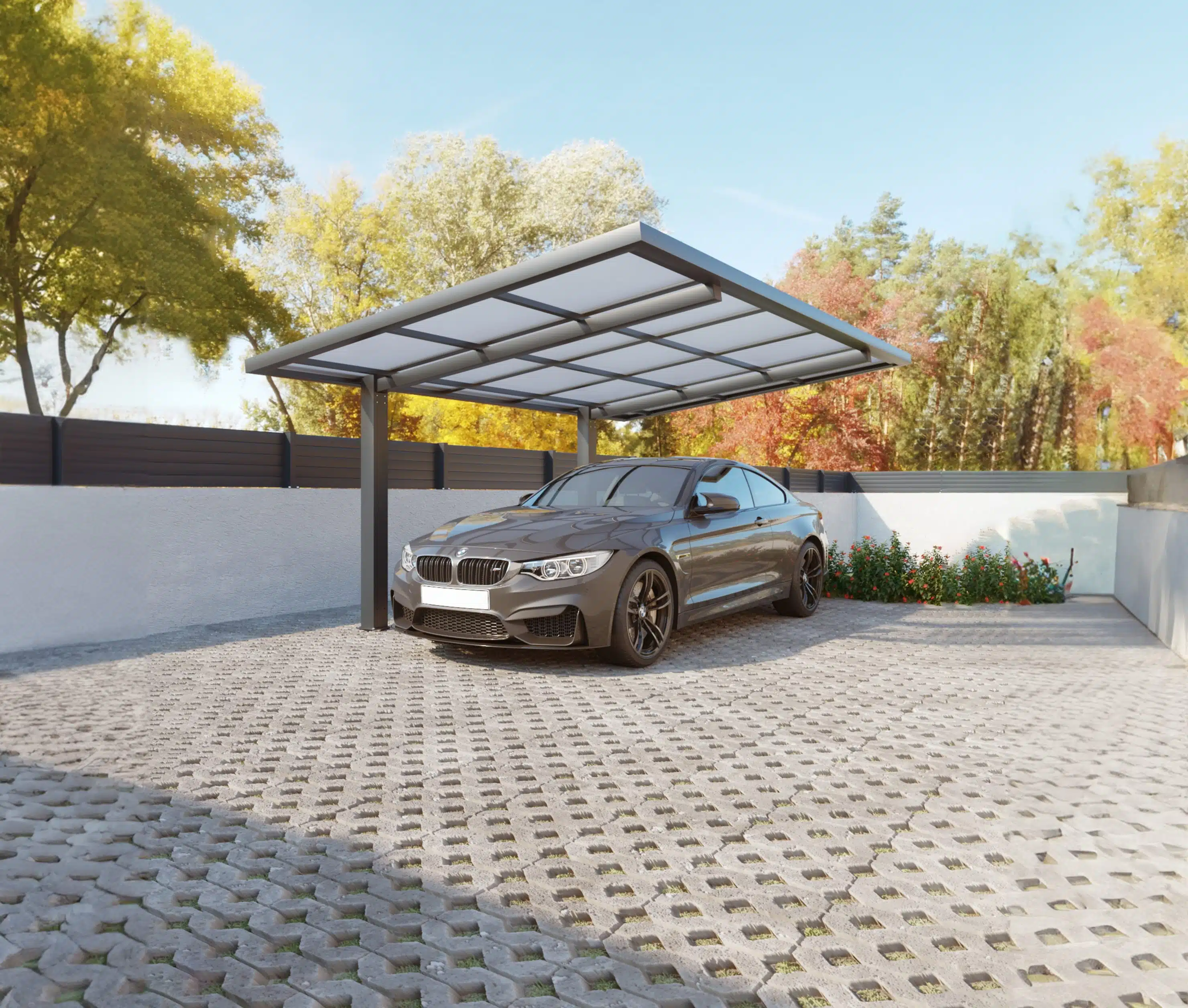 Carport aluminium à toit plat installé à Colmar, abri voiture moderne et sur mesure