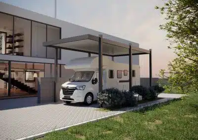 Projection 3D d’un carport camping-car aluminium sur mesure avec toiture plate et éclairage LED intégré