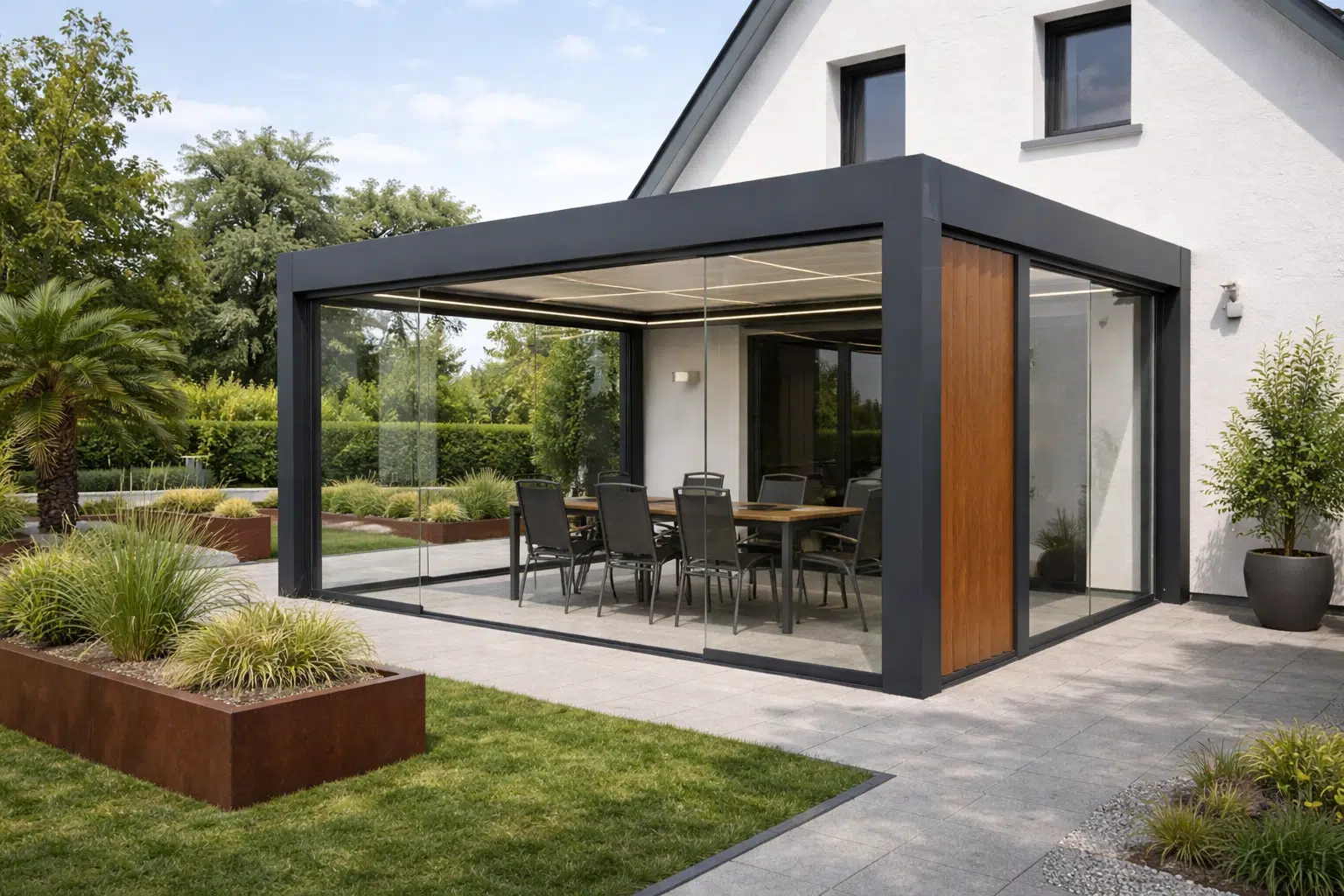 Pergola bioclimatique aluminium fermée sur terrasse avec parois vitrées