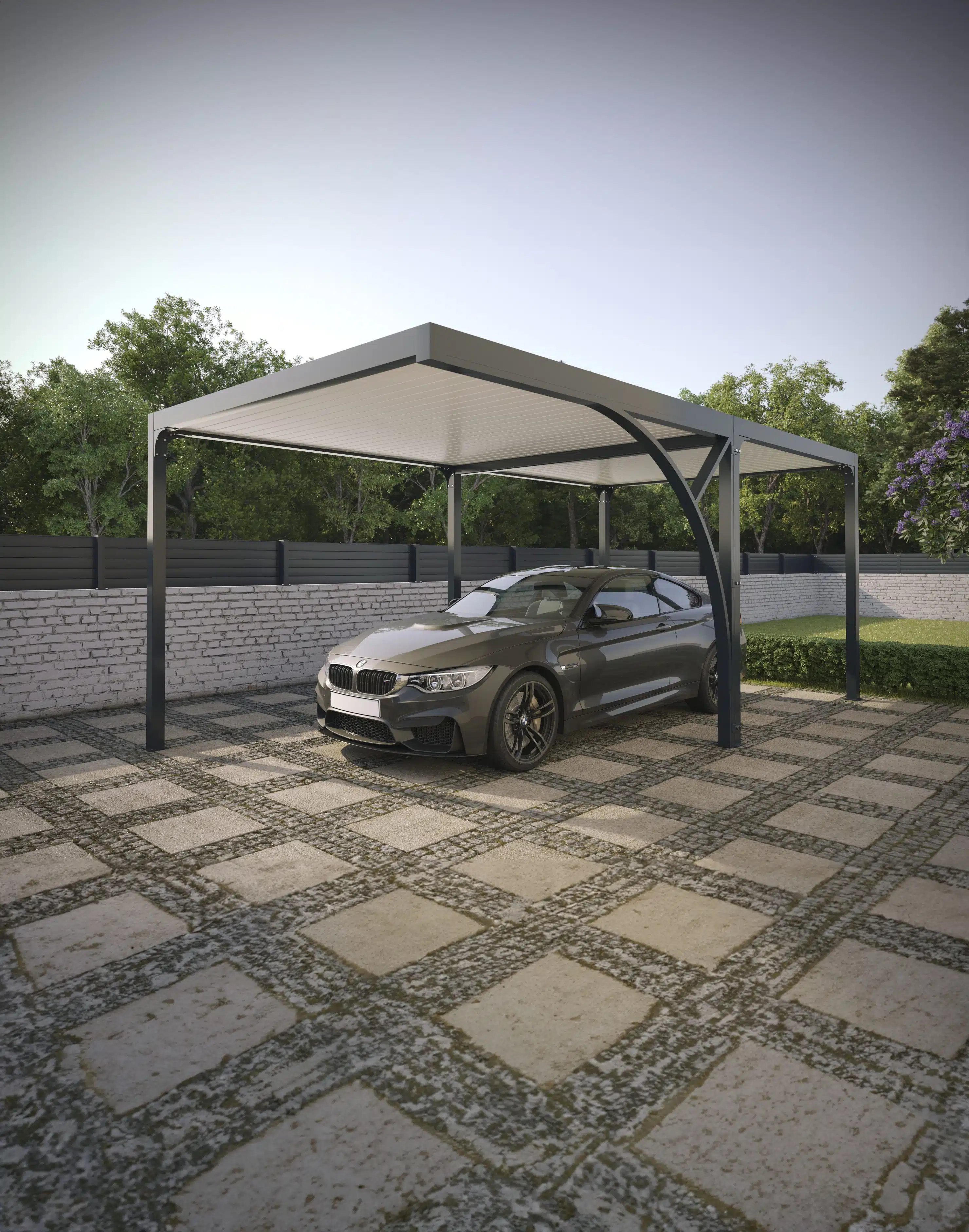 Carport autoporté design en aluminium avec toiture plate pour abri voiture moderne et esthétique