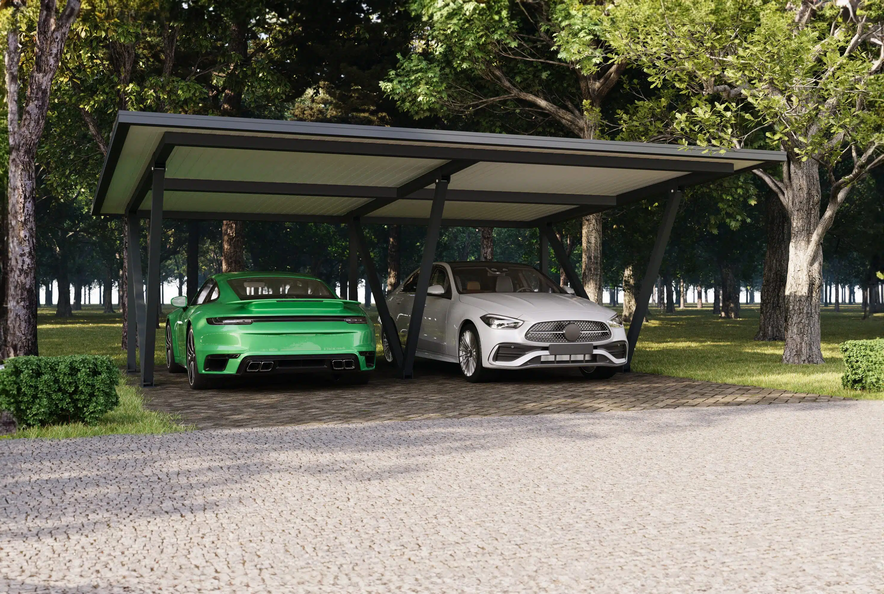 Carport double design avec poteaux inclinés et toiture plate pour abri voiture moderne haut de gamme