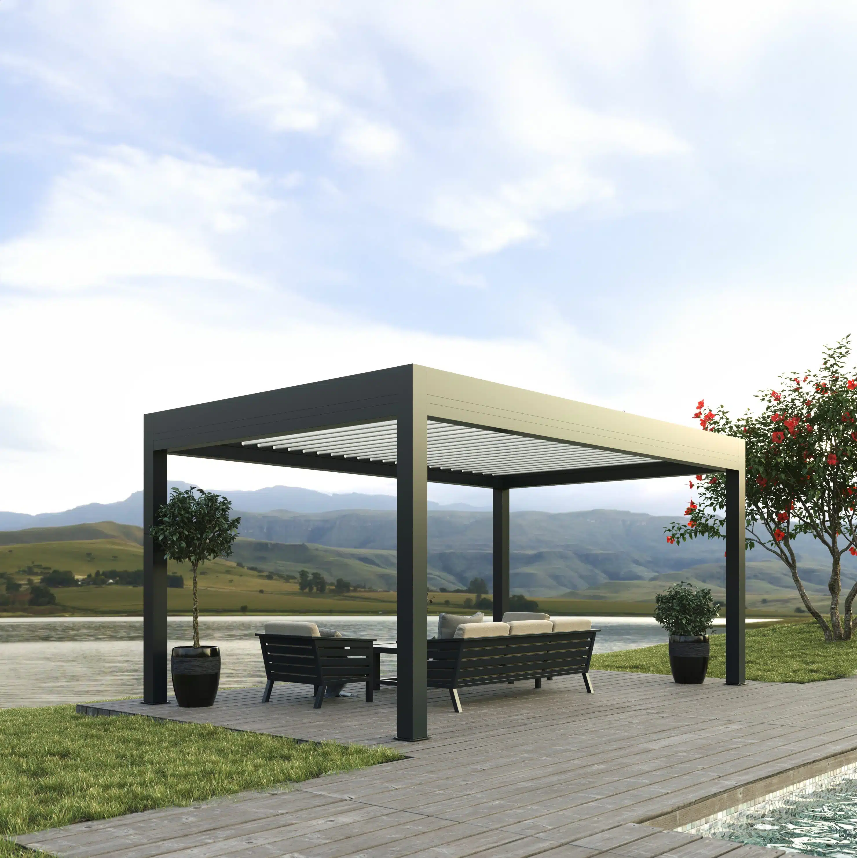 Pergola bioclimatique aluminium à lames orientables sur terrasse, vue principale